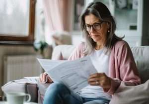 Mujer leyendo seguro de decesos moderno con coberturas desconocidas