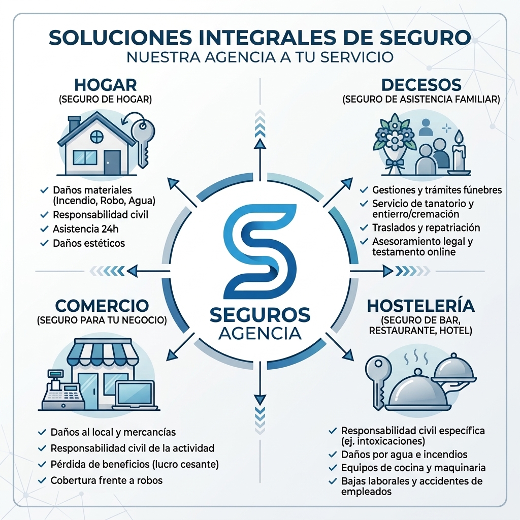 Esquema de soluciones de seguros para hogar, decesos, comercios y hostelería de Seguros Agencia y Guías de seguros